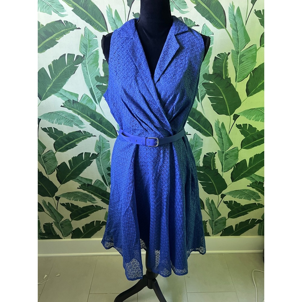 Evan Picone Lace Wrap Dress Belted Collared Womens 12 Blue‎